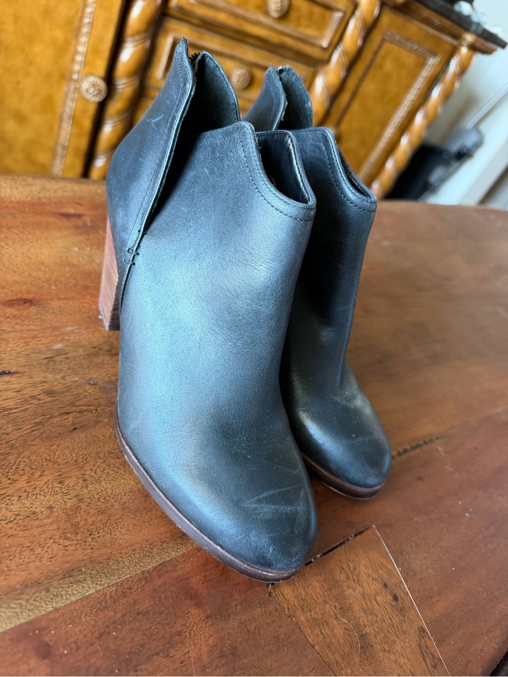 Copper Key Black Leather Ankle Booties with Brown Block Heel